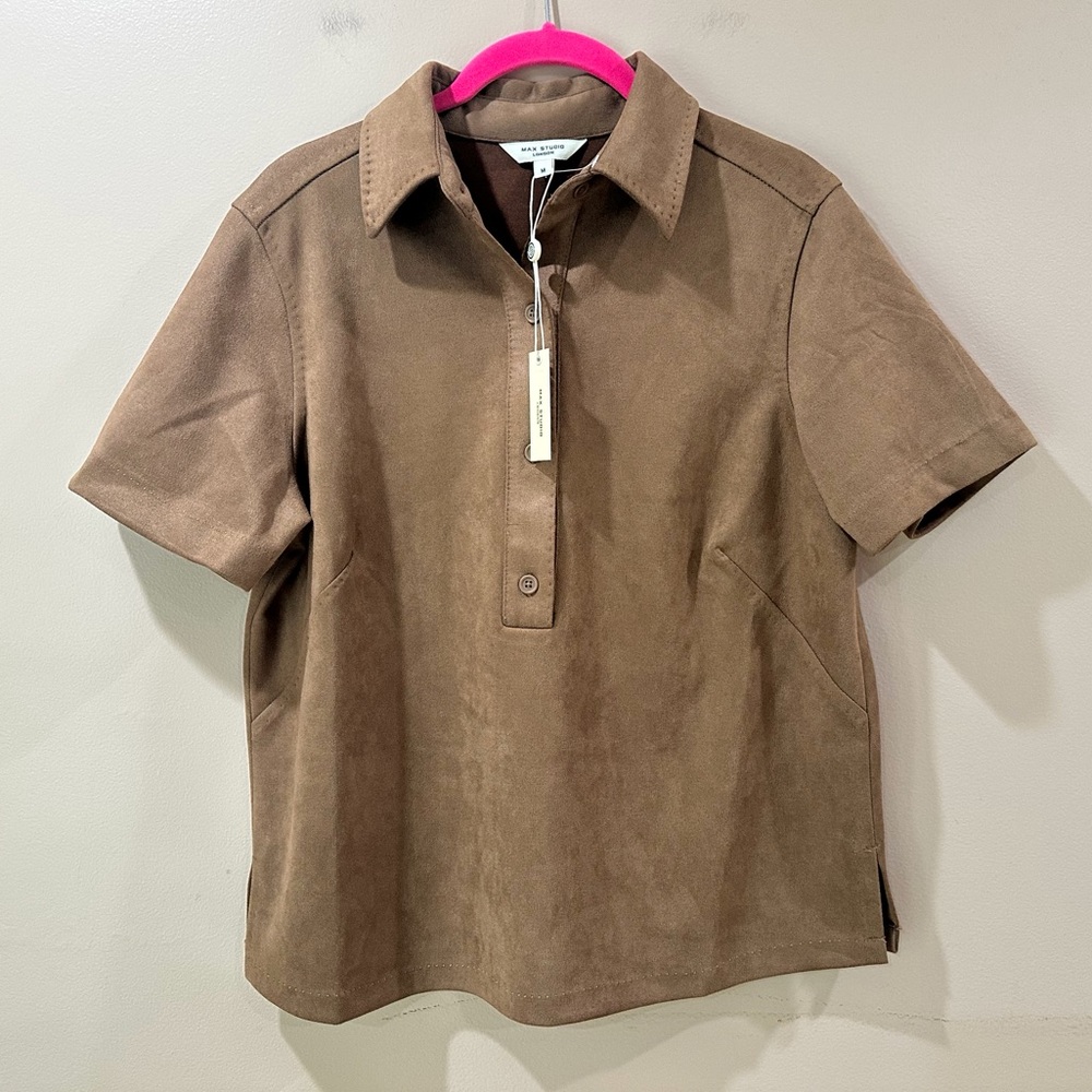 Max Studio Brown Faux Suede Short Sleeve Polo Top Collared Button Neck Size M
